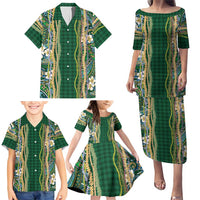 Hawaiian Art Flower Tribal with Lei Family Matching Puletasi and Hawaiian Shirt Palaka Pattern Green Color LT03 - Polynesian Pride