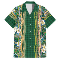 Hawaiian Art Flower Tribal with Lei Family Matching Short Sleeve Bodycon Dress and Hawaiian Shirt Palaka Pattern Green Color LT03 Dad's Shirt - Short Sleeve Green - Polynesian Pride