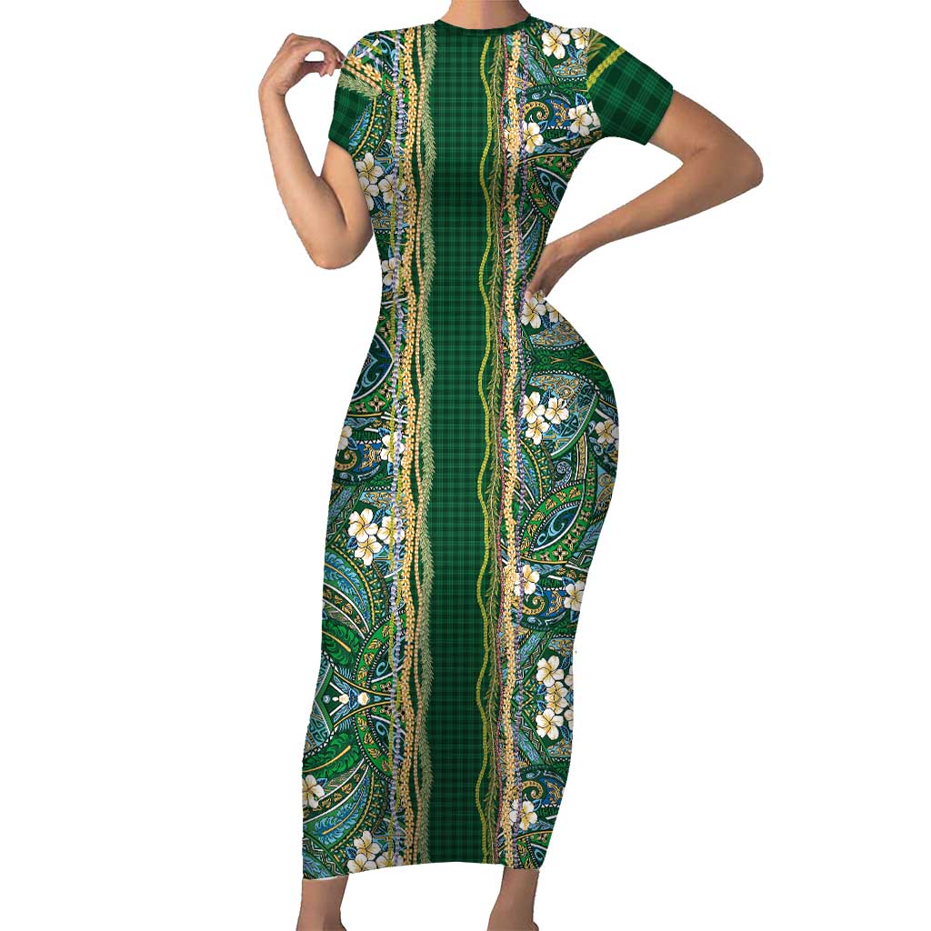 Hawaiian Art Flower Tribal with Lei Family Matching Short Sleeve Bodycon Dress and Hawaiian Shirt Palaka Pattern Green Color LT03 Mom's Dress Green - Polynesian Pride