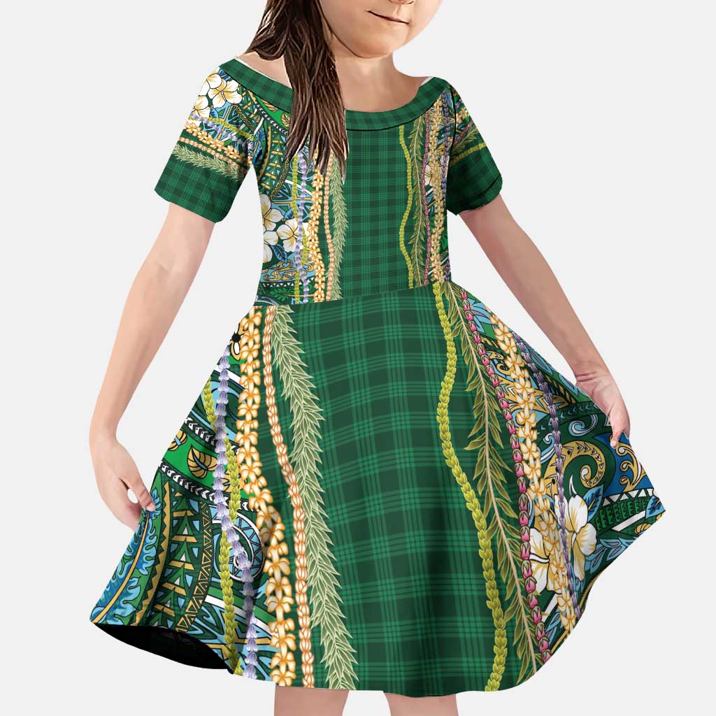 Hawaiian Art Flower Tribal with Lei Family Matching Summer Maxi Dress and Hawaiian Shirt Palaka Pattern Green Color LT03 Daughter's Dress Green - Polynesian Pride