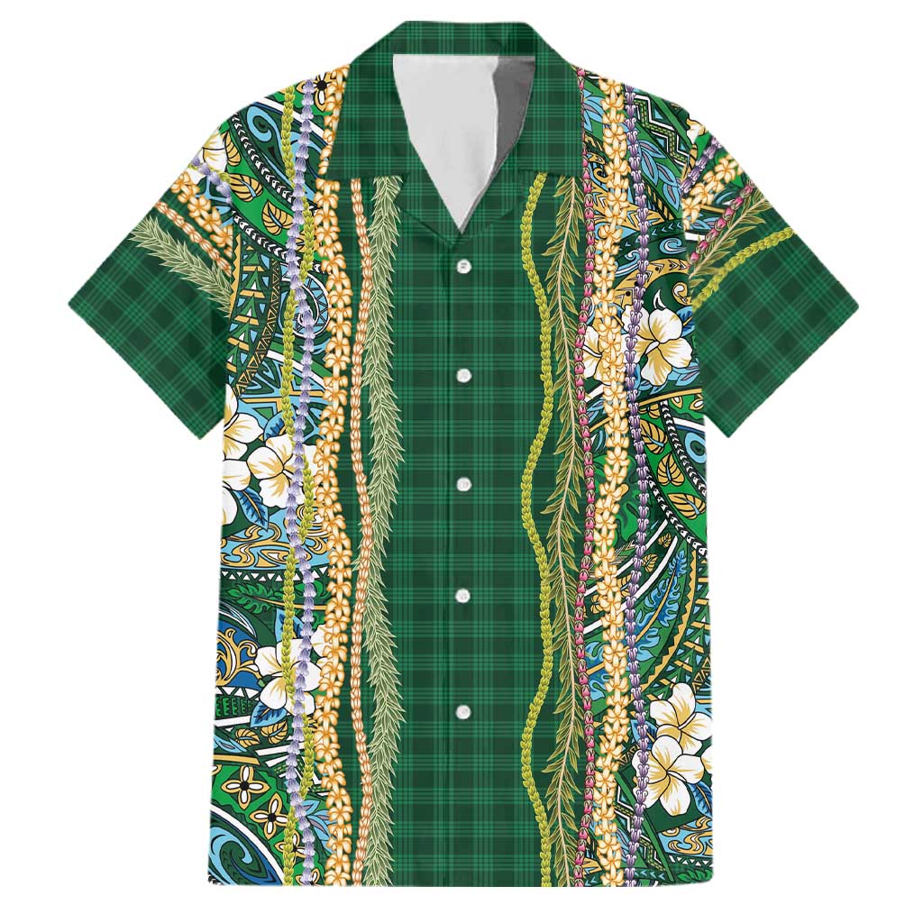 Hawaiian Art Flower Tribal with Lei Family Matching Summer Maxi Dress and Hawaiian Shirt Palaka Pattern Green Color LT03 Dad's Shirt - Short Sleeve Green - Polynesian Pride