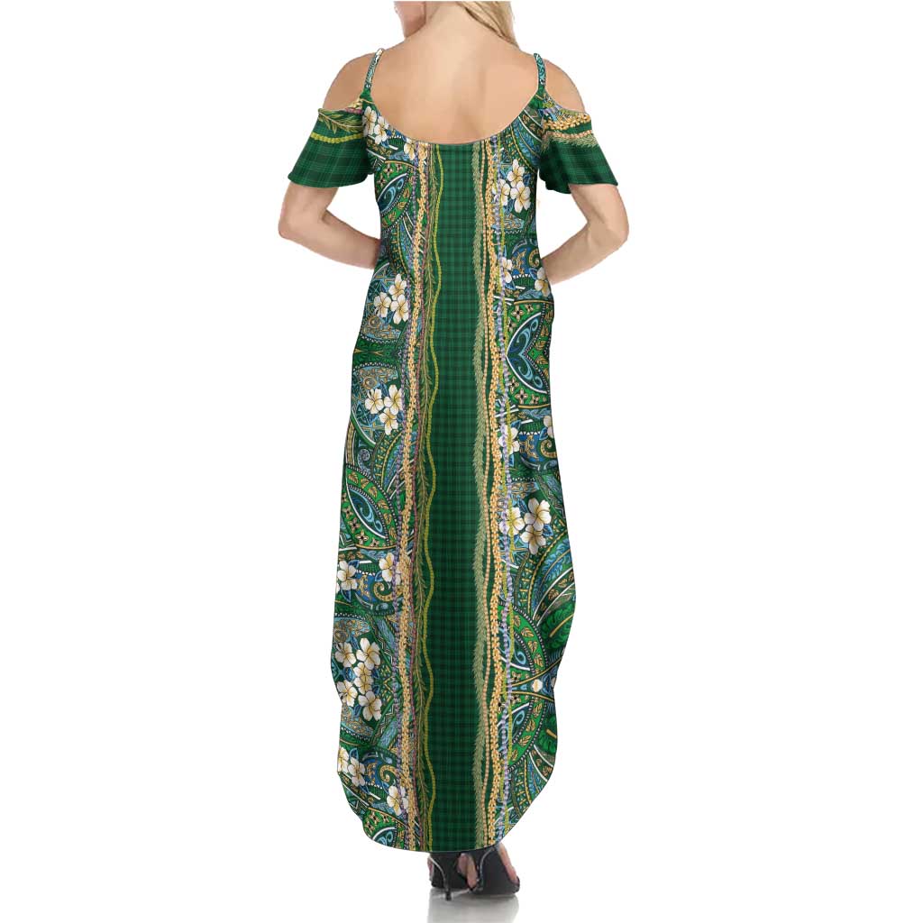 Hawaiian Art Flower Tribal with Lei Family Matching Summer Maxi Dress and Hawaiian Shirt Palaka Pattern Green Color LT03 - Polynesian Pride
