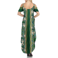 Hawaiian Art Flower Tribal with Lei Family Matching Summer Maxi Dress and Hawaiian Shirt Palaka Pattern Green Color LT03 - Polynesian Pride