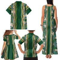 Hawaiian Art Flower Tribal with Lei Family Matching Tank Maxi Dress and Hawaiian Shirt Palaka Pattern Green Color LT03 - Polynesian Pride
