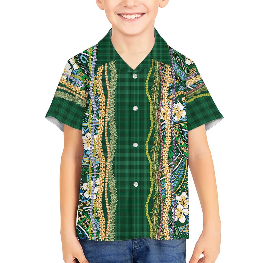 Hawaiian Art Flower Tribal with Lei Hawaiian Shirt Palaka Pattern Green Color - Polynesian Pride