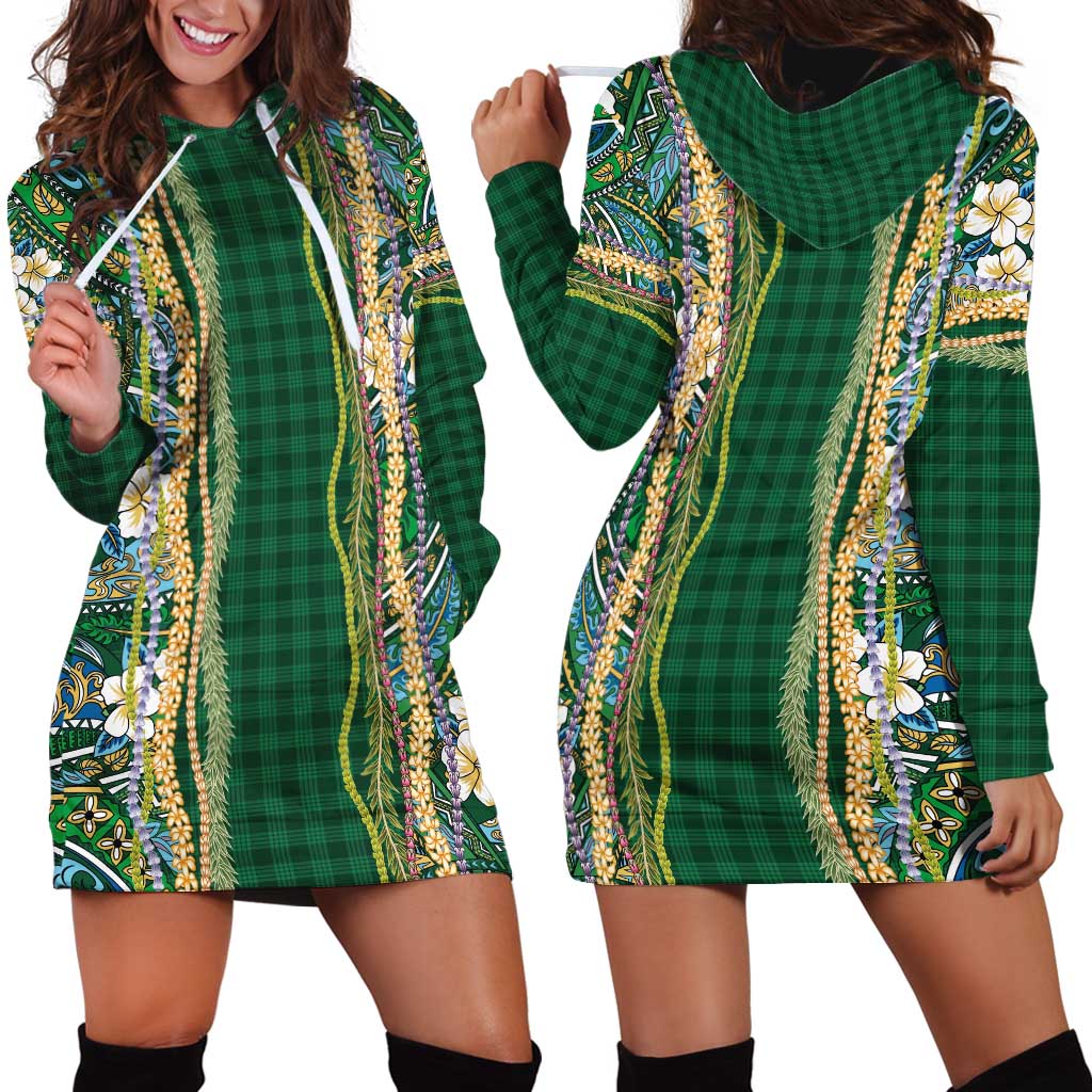 Hawaiian Art Flower Tribal with Lei Hoodie Dress Palaka Pattern Green Color LT03 - Polynesian Pride