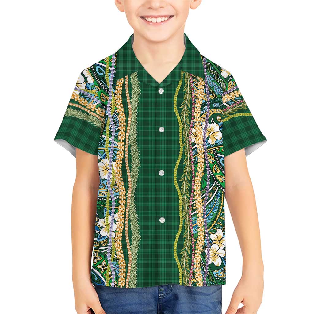 Hawaiian Art Flower Tribal with Lei Kid Hawaiian Shirt Palaka Pattern Green Color LT03 Kid Green - Polynesian Pride
