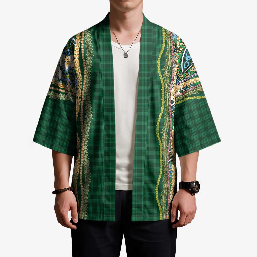 Hawaiian Art Flower Tribal with Lei Kimono Palaka Pattern Green Color - Polynesian Pride
