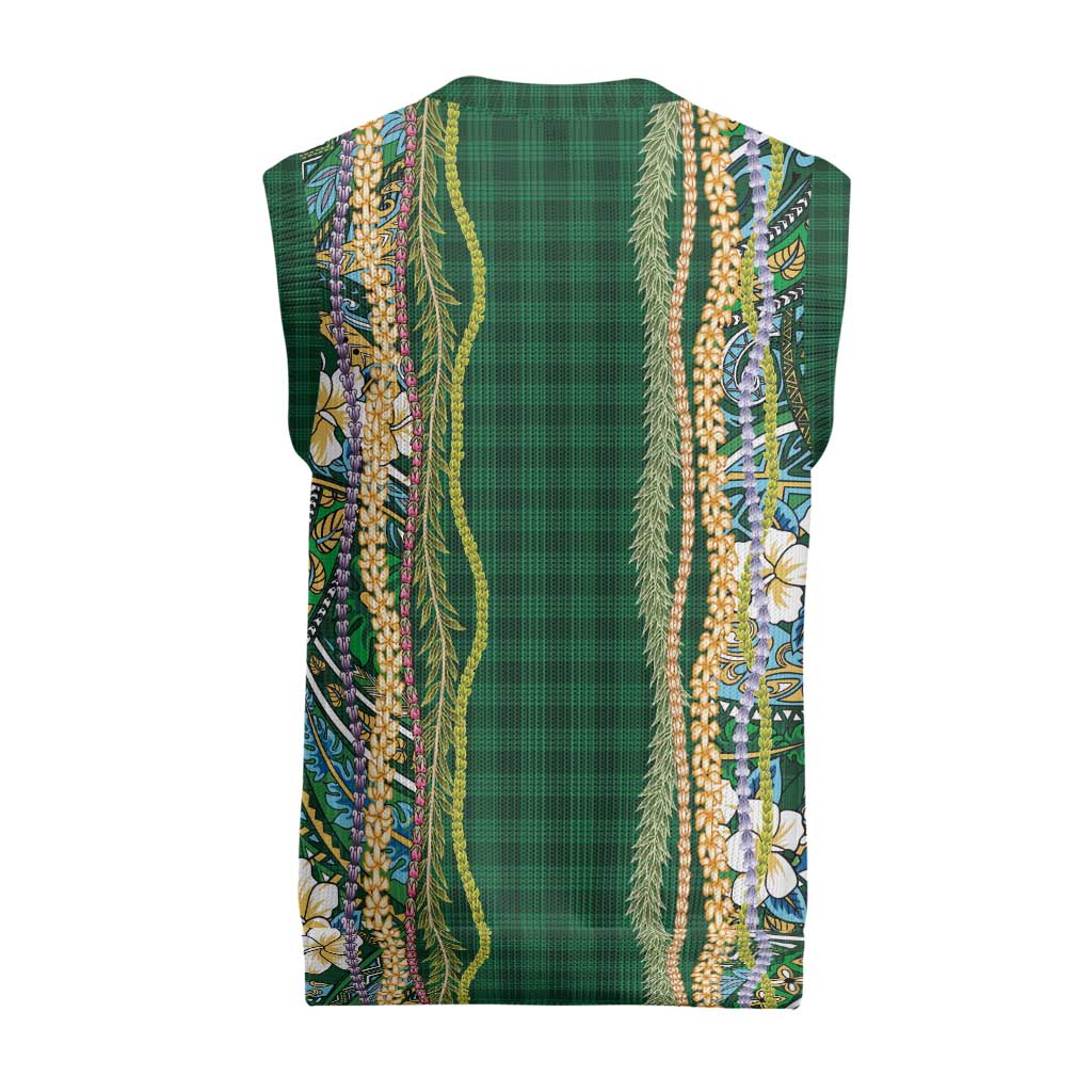 Hawaiian Art Flower Tribal with Lei Christmas Knitted V-Neck Vest Palaka Pattern Green Color LT03 - Polynesian Pride
