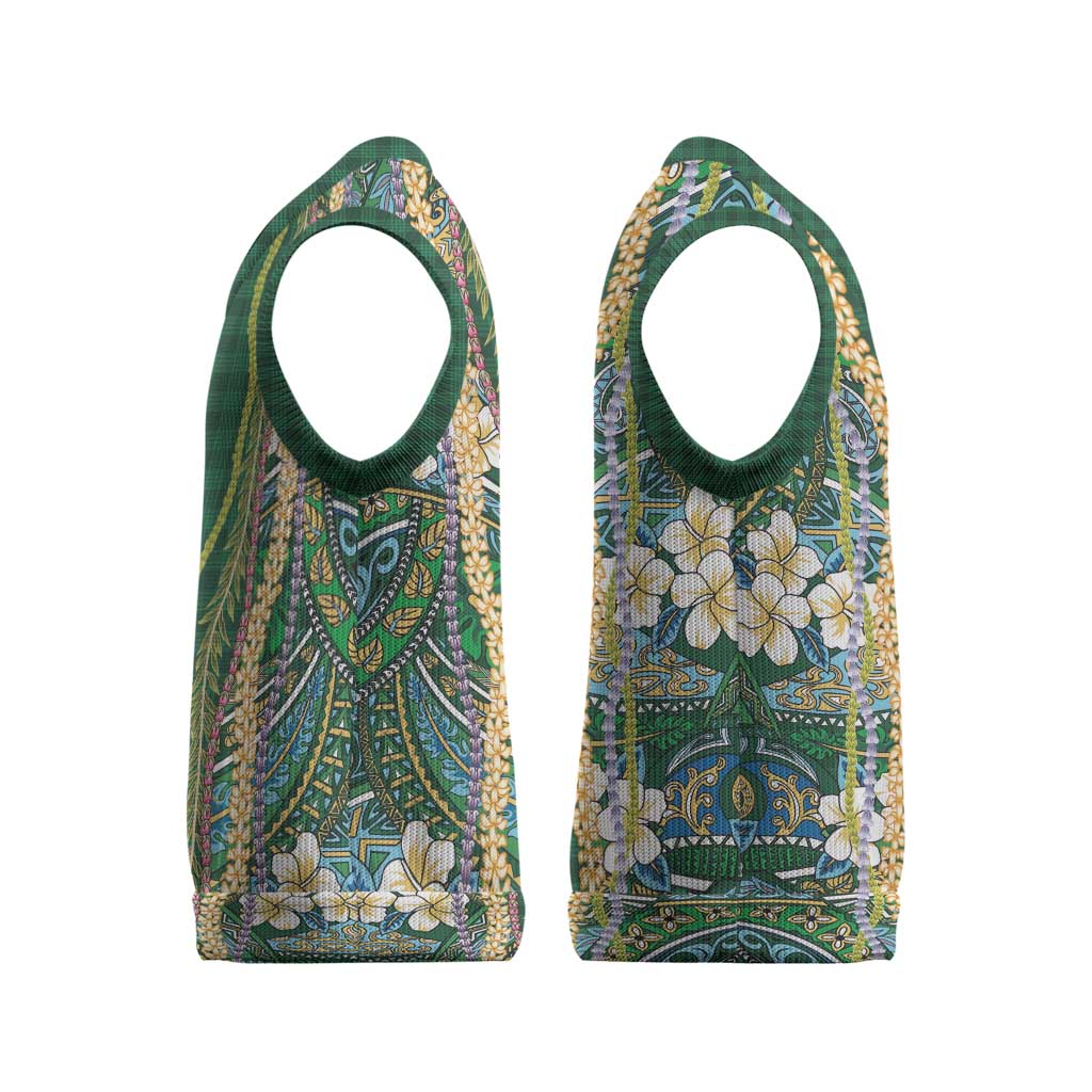 Hawaiian Art Flower Tribal with Lei Christmas Knitted V-Neck Vest Palaka Pattern Green Color LT03 - Polynesian Pride