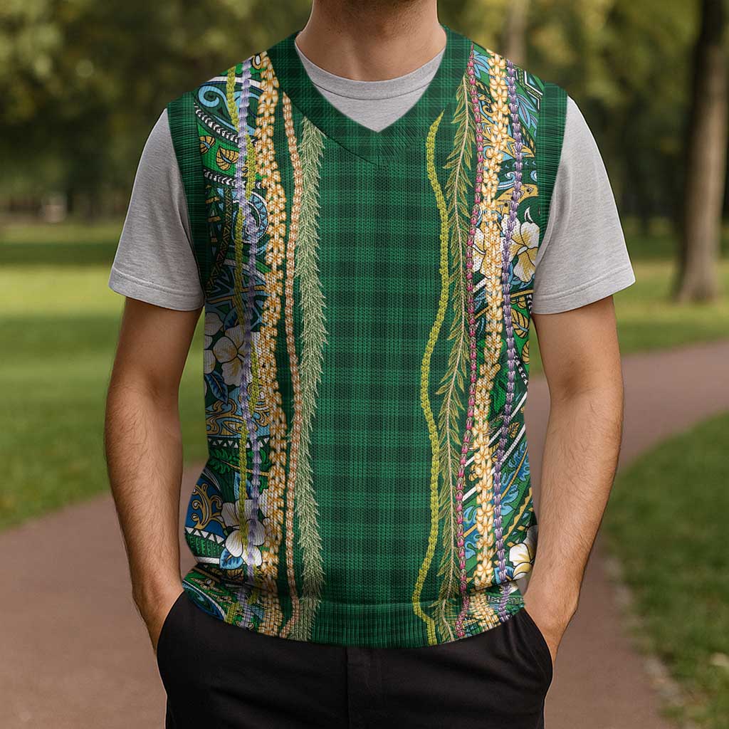 Hawaiian Art Flower Tribal with Lei Christmas Knitted V-Neck Vest Palaka Pattern Green Color LT03 - Polynesian Pride
