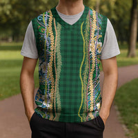 Hawaiian Art Flower Tribal with Lei Christmas Knitted V-Neck Vest Palaka Pattern Green Color LT03 - Polynesian Pride