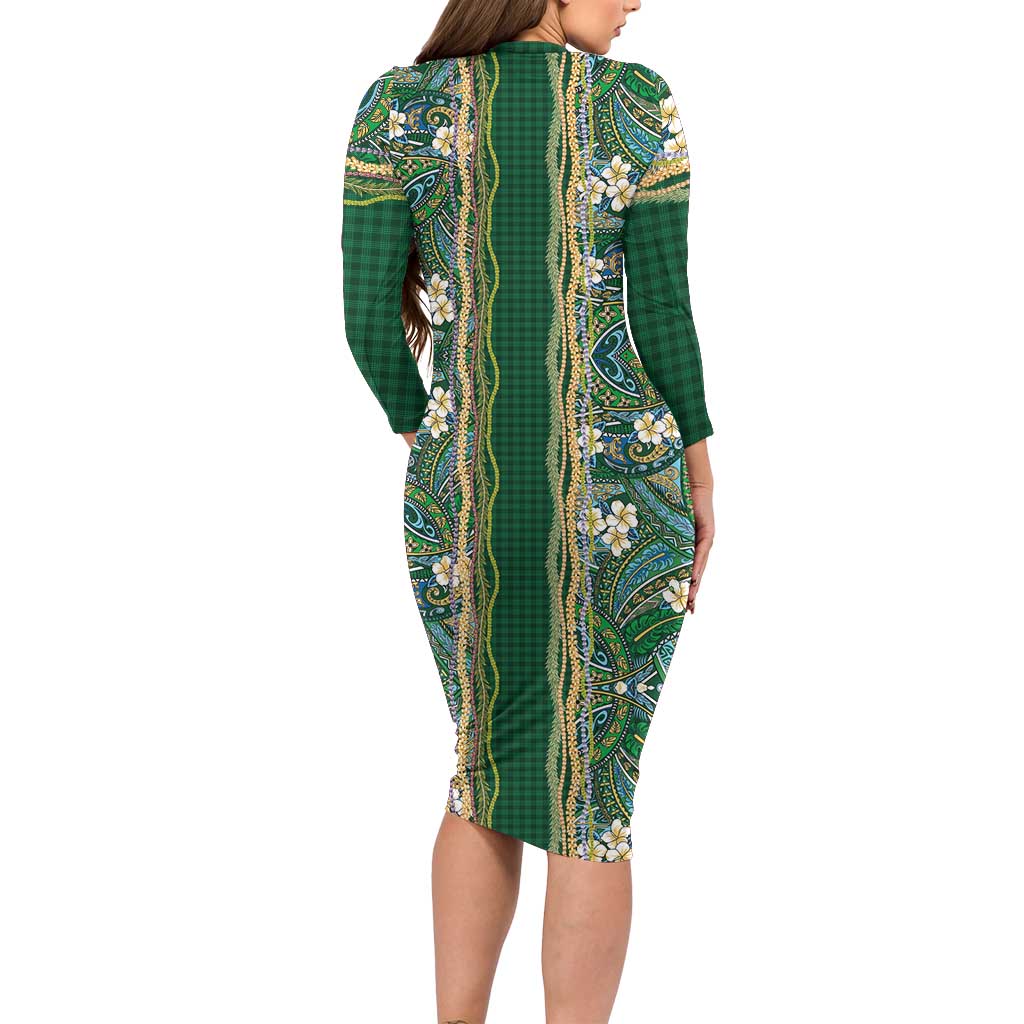 Hawaiian Art Flower Tribal with Lei Long Sleeve Bodycon Dress Palaka Pattern Green Color LT03 - Polynesian Pride