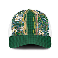 Hawaiian Art Flower Tribal with Lei Mesh Trucker Cap Palaka Pattern Green Color - Polynesian Pride
