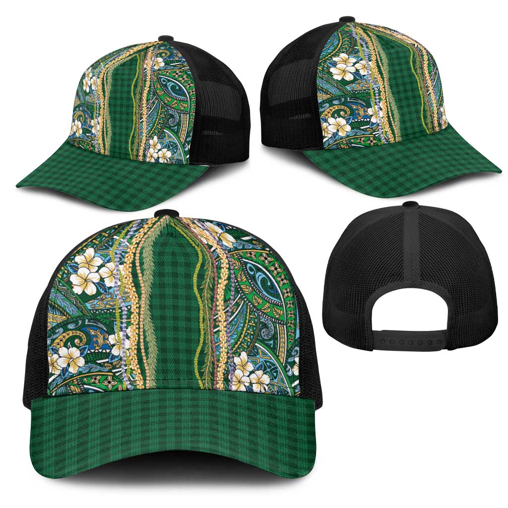 Hawaiian Art Flower Tribal with Lei Mesh Trucker Cap Palaka Pattern Green Color - Polynesian Pride