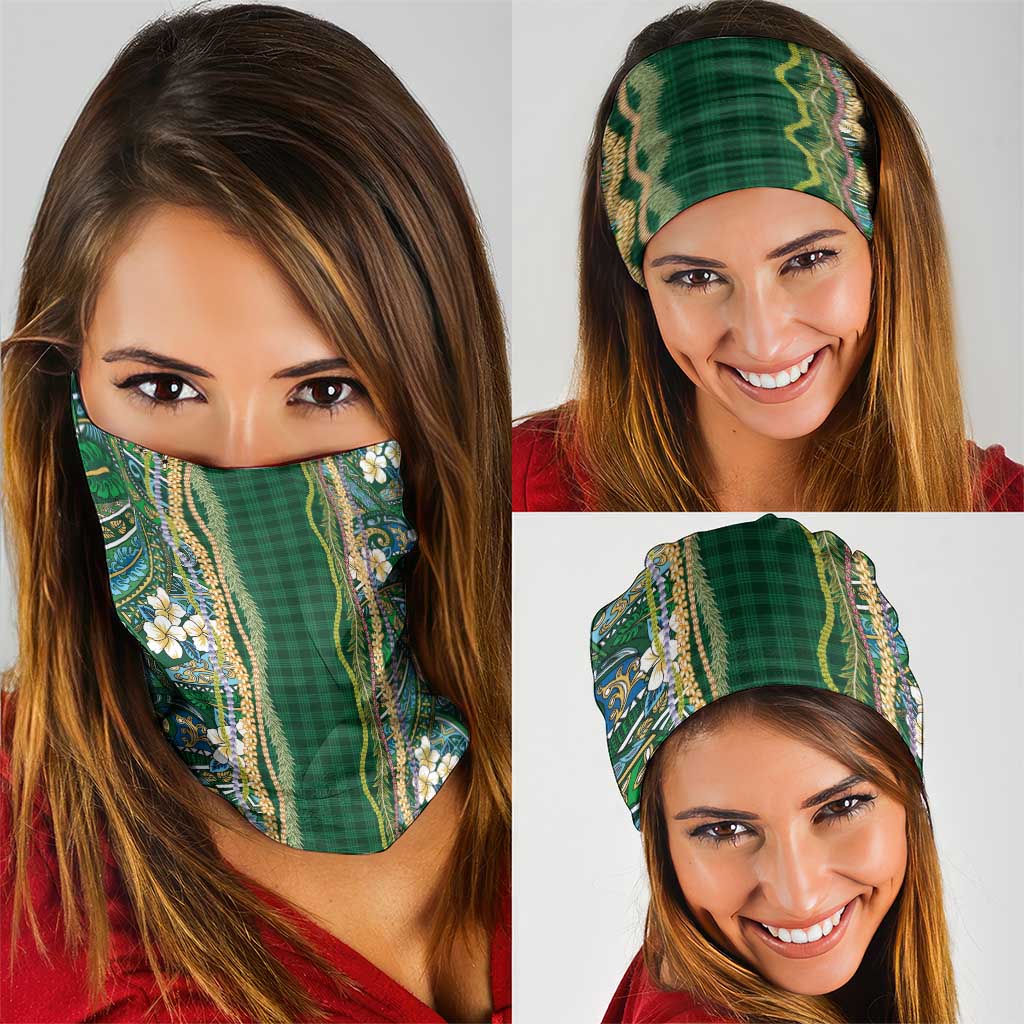 Hawaiian Art Flower Tribal with Lei Neck Gaiter Palaka Pattern Green Color - Polynesian Pride