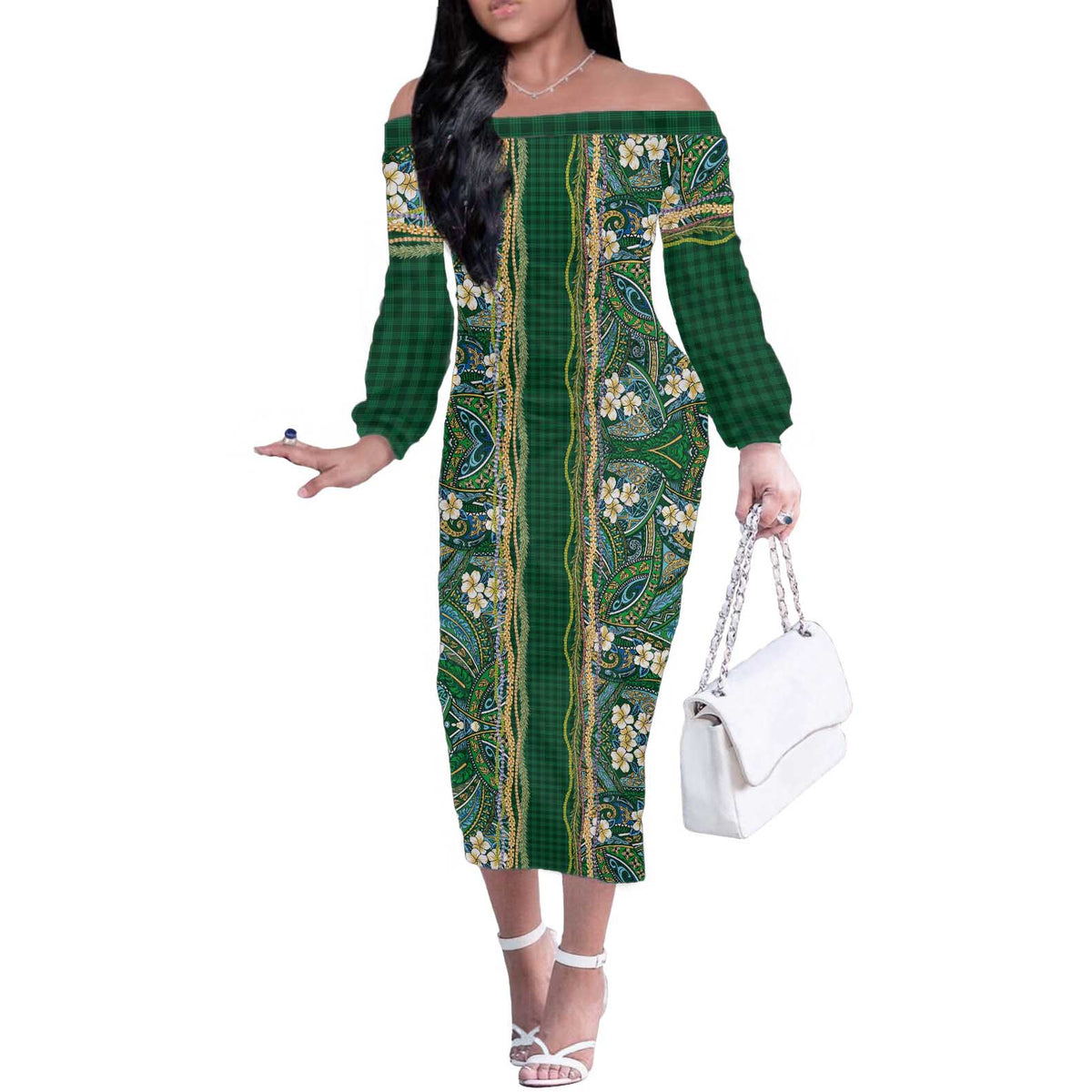 Hawaiian Art Flower Tribal with Lei Off The Shoulder Long Sleeve Dress Palaka Pattern Green Color LT03 Women Green - Polynesian Pride