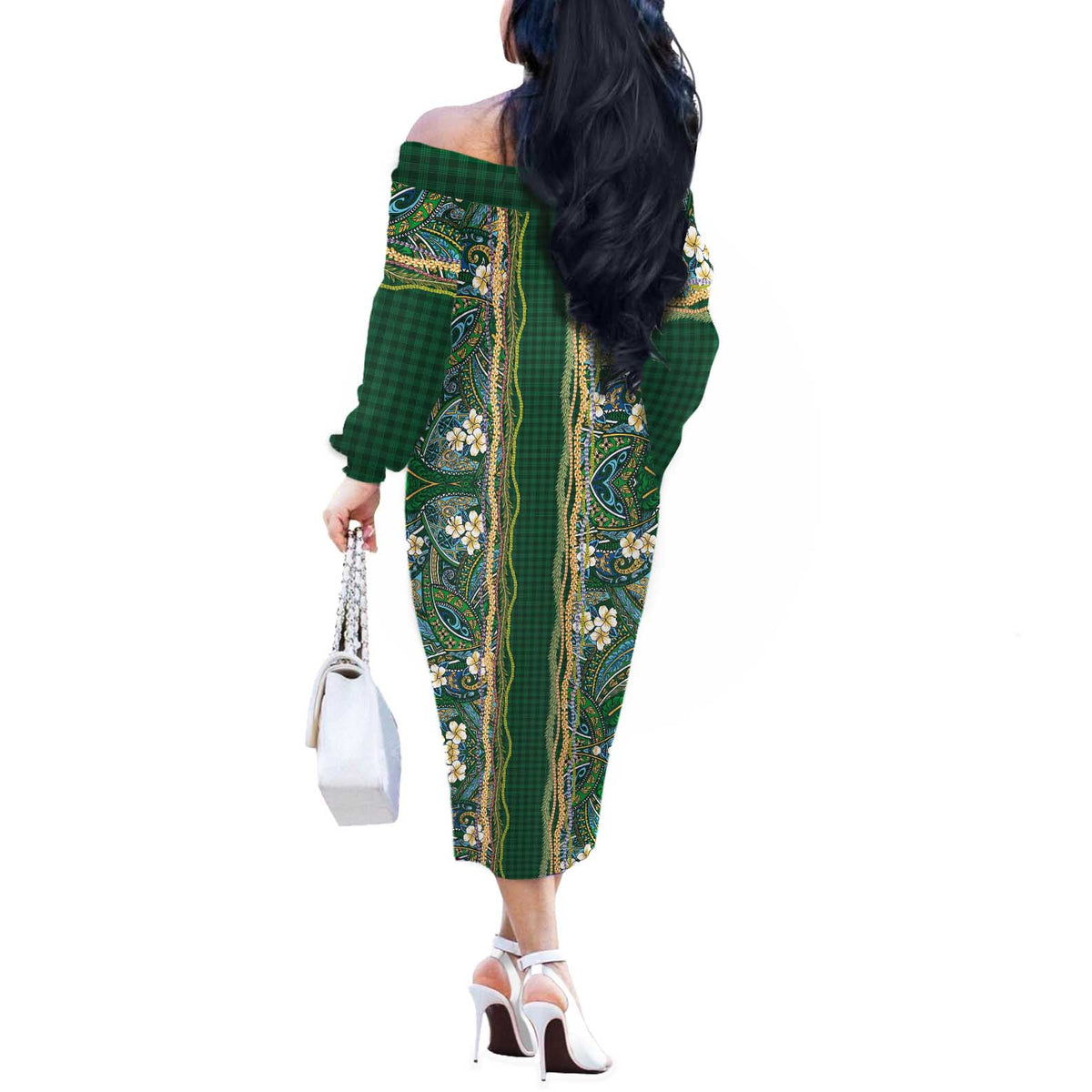 Hawaiian Art Flower Tribal with Lei Off The Shoulder Long Sleeve Dress Palaka Pattern Green Color LT03 - Polynesian Pride