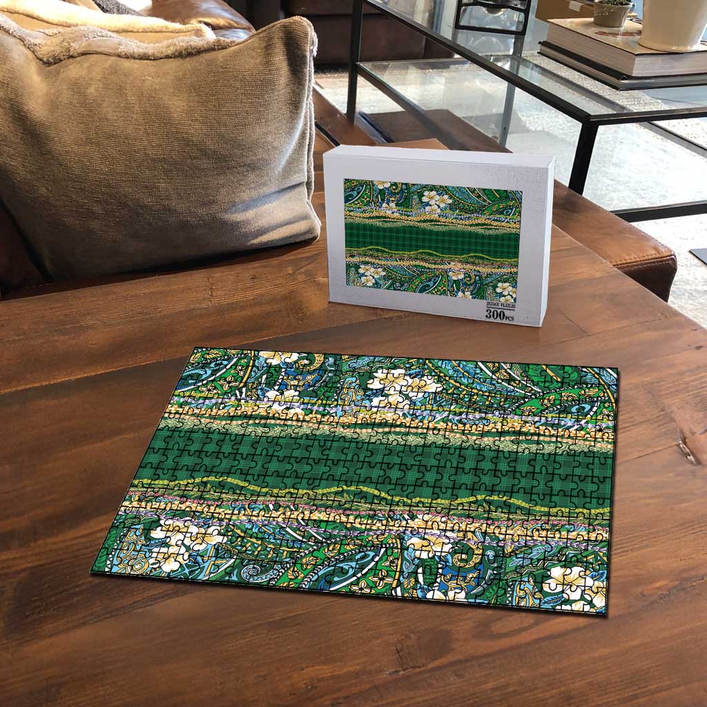 Hawaiian Art Flower Tribal with Lei Puzzle Palaka Pattern Green Color - Polynesian Pride