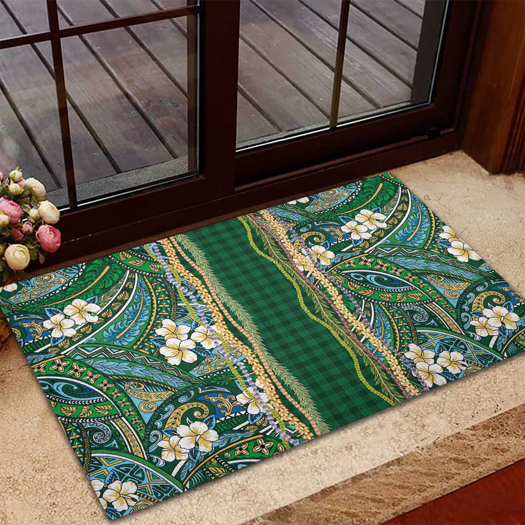 Hawaiian Art Flower Tribal with Lei Rubber Doormat Palaka Pattern Green Color - Polynesian Pride
