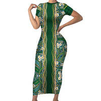 Hawaiian Art Flower Tribal with Lei Short Sleeve Bodycon Dress Palaka Pattern Green Color LT03 Long Dress Green - Polynesian Pride