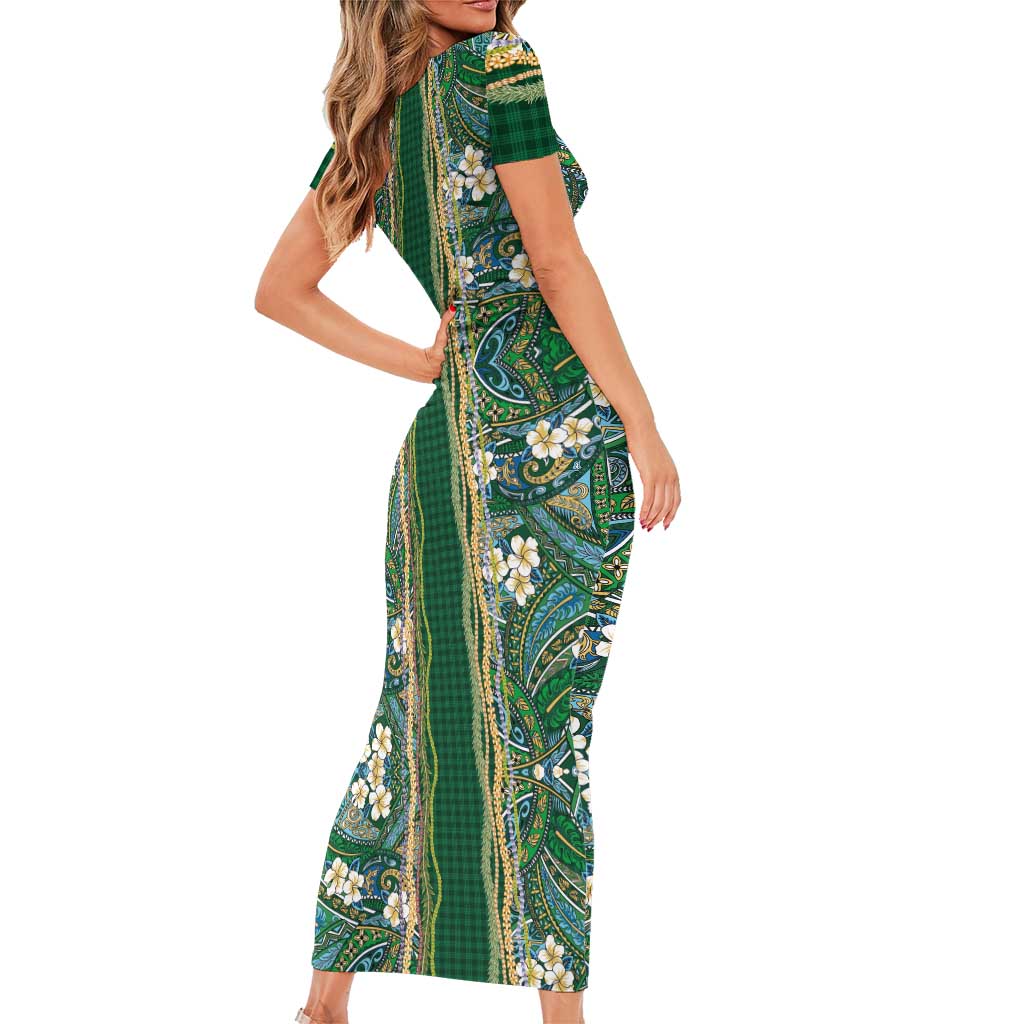 Hawaiian Art Flower Tribal with Lei Short Sleeve Bodycon Dress Palaka Pattern Green Color LT03 - Polynesian Pride