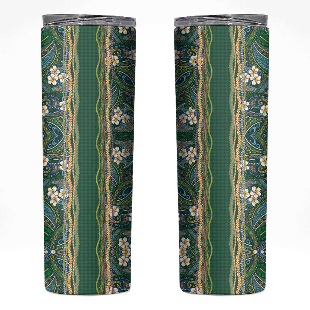 Hawaiian Art Flower Tribal with Lei Skinny Tumbler Palaka Pattern Green Color LT03 Green - Polynesian Pride