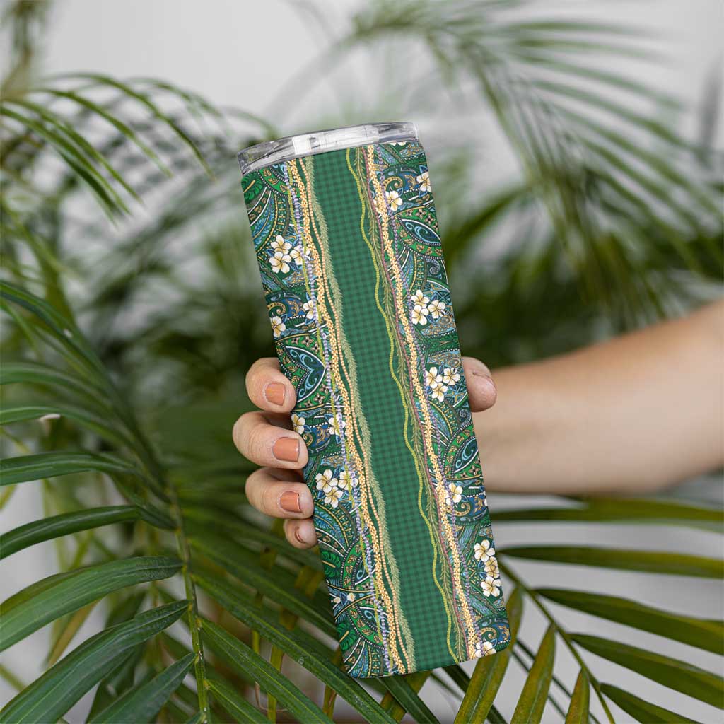 Hawaiian Art Flower Tribal with Lei Skinny Tumbler Palaka Pattern Green Color LT03 - Polynesian Pride