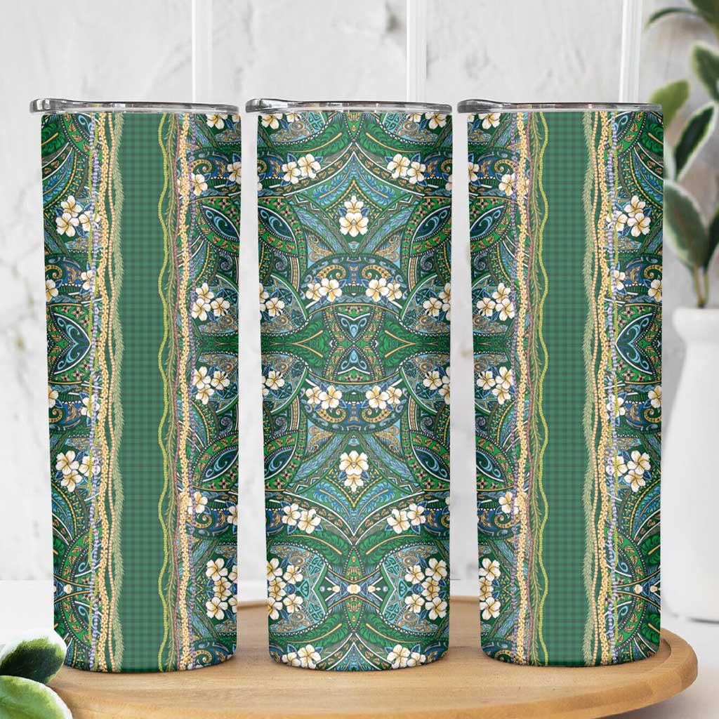 Hawaiian Art Flower Tribal with Lei Skinny Tumbler Palaka Pattern Green Color LT03 - Polynesian Pride