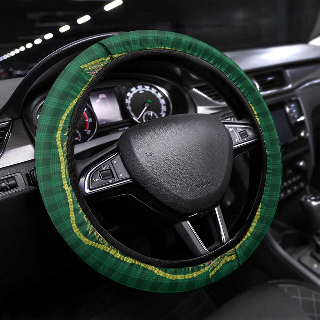 Hawaiian Art Flower Tribal with Lei Steering Wheel Cover Palaka Pattern Green Color LT03 Universal Fit Green - Polynesian Pride