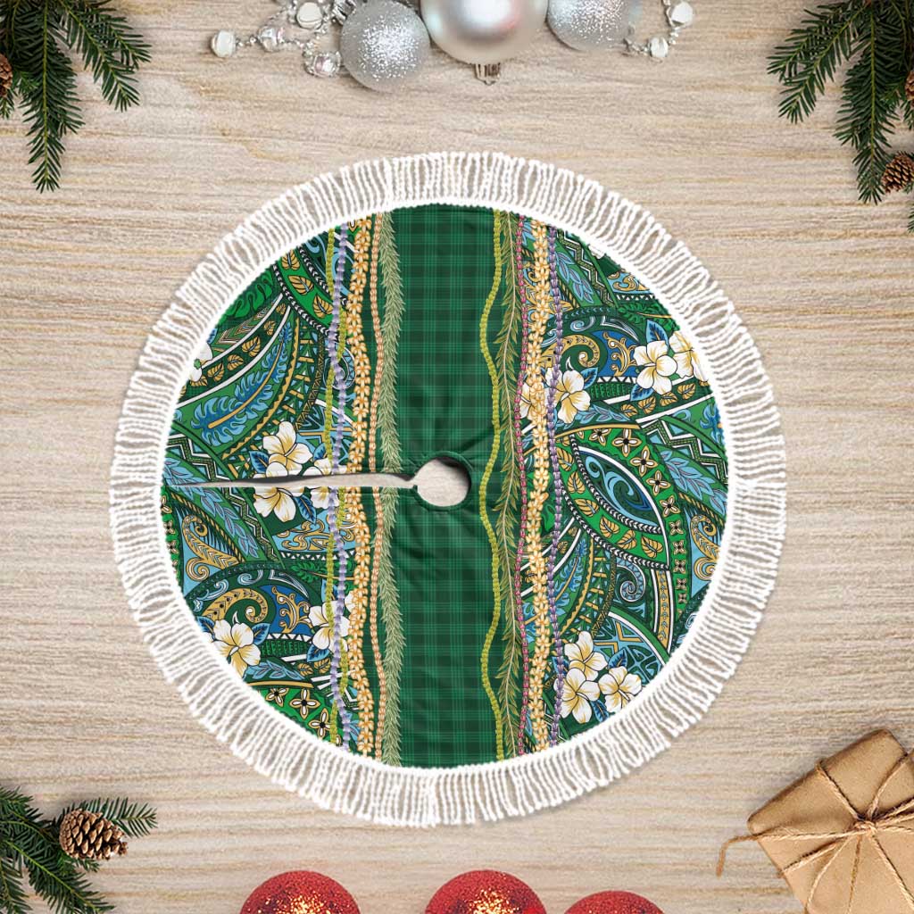 Hawaiian Art Flower Tribal with Lei Tree Skirt Palaka Pattern Green Color - Polynesian Pride
