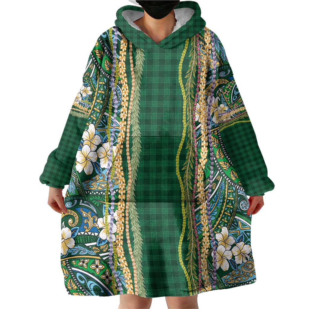 Hawaiian Art Flower Tribal with Lei Wearable Blanket Hoodie Palaka Pattern Green Color LT03 - Polynesian Pride