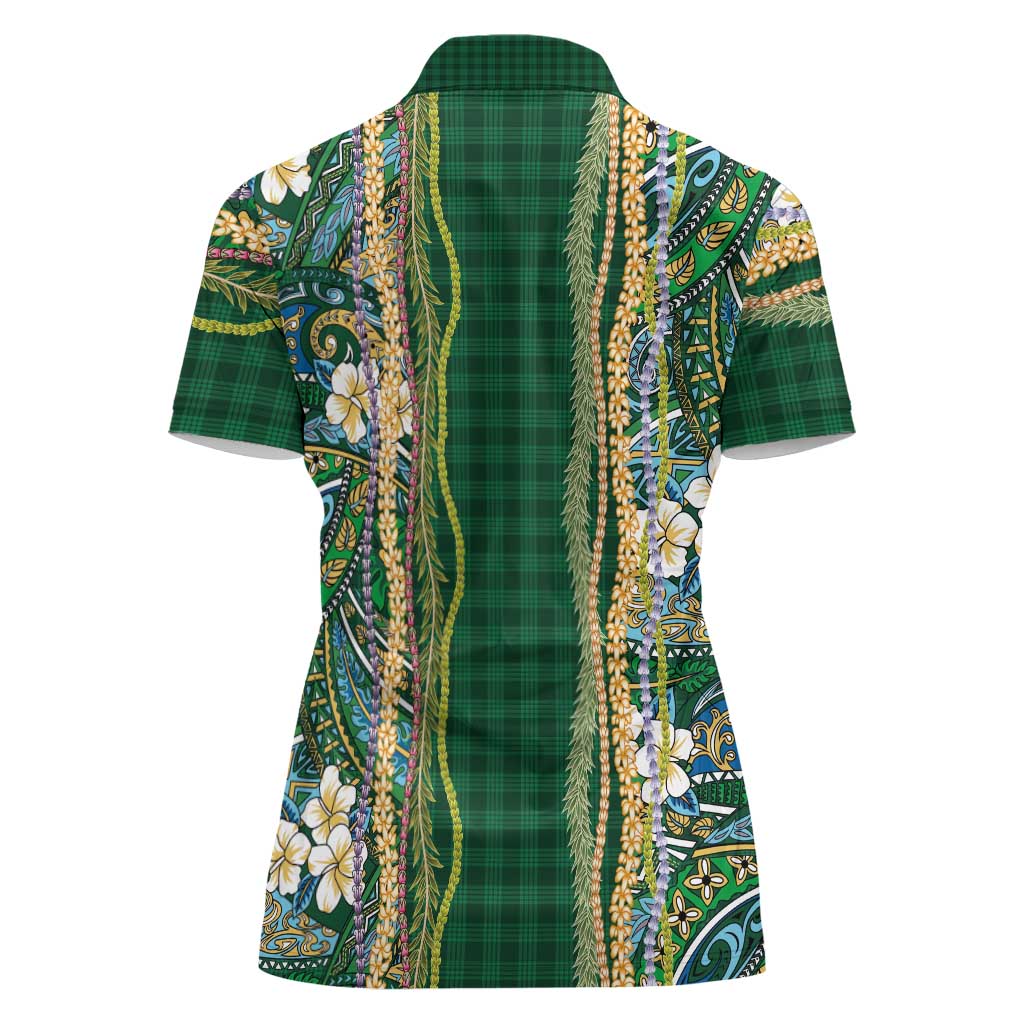Hawaiian Art Flower Tribal with Lei Women Polo Shirt Palaka Pattern Green Color LT03 - Polynesian Pride