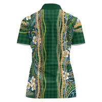 Hawaiian Art Flower Tribal with Lei Women Polo Shirt Palaka Pattern Green Color LT03 - Polynesian Pride