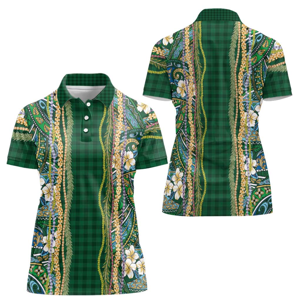 Hawaiian Art Flower Tribal with Lei Women Polo Shirt Palaka Pattern Green Color LT03 - Polynesian Pride