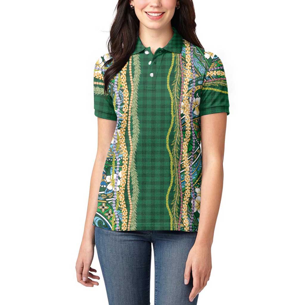 Hawaiian Art Flower Tribal with Lei Women Polo Shirt Palaka Pattern Green Color LT03 - Polynesian Pride