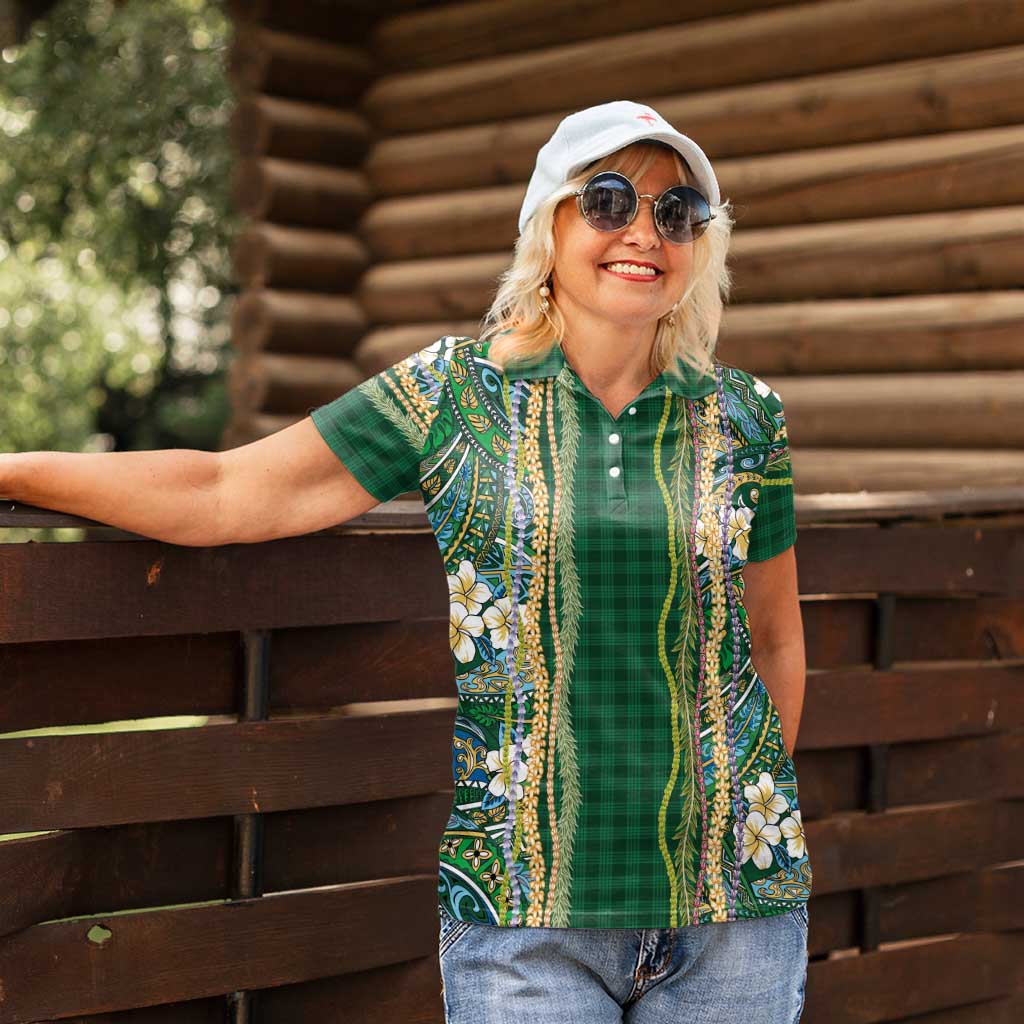 Hawaiian Art Flower Tribal with Lei Women Polo Shirt Palaka Pattern Green Color LT03 - Polynesian Pride