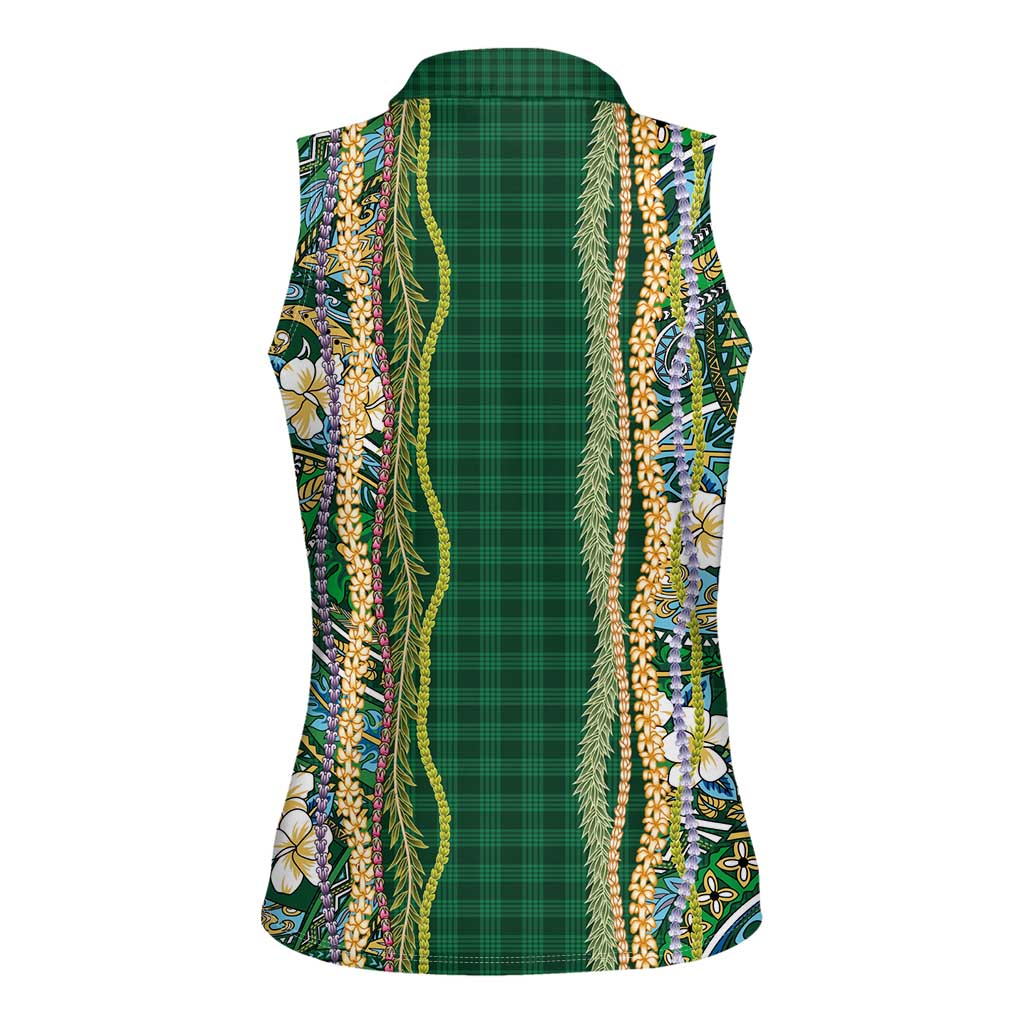 Hawaiian Art Flower Tribal with Lei Women Sleeveless Polo Shirt Palaka Pattern Green Color LT03 - Polynesian Pride