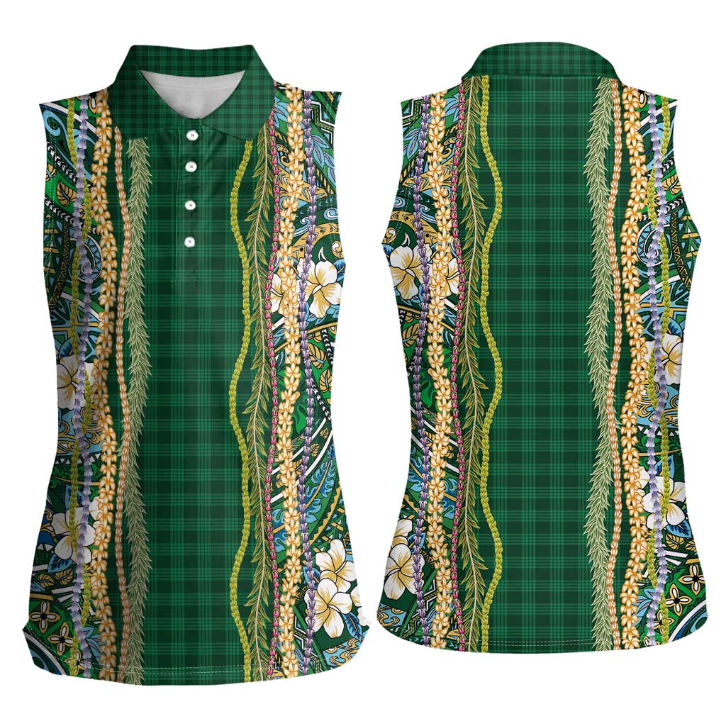 Hawaiian Art Flower Tribal with Lei Women Sleeveless Polo Shirt Palaka Pattern Green Color LT03 - Polynesian Pride