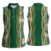 Hawaiian Art Flower Tribal with Lei Women Sleeveless Polo Shirt Palaka Pattern Green Color LT03 - Polynesian Pride