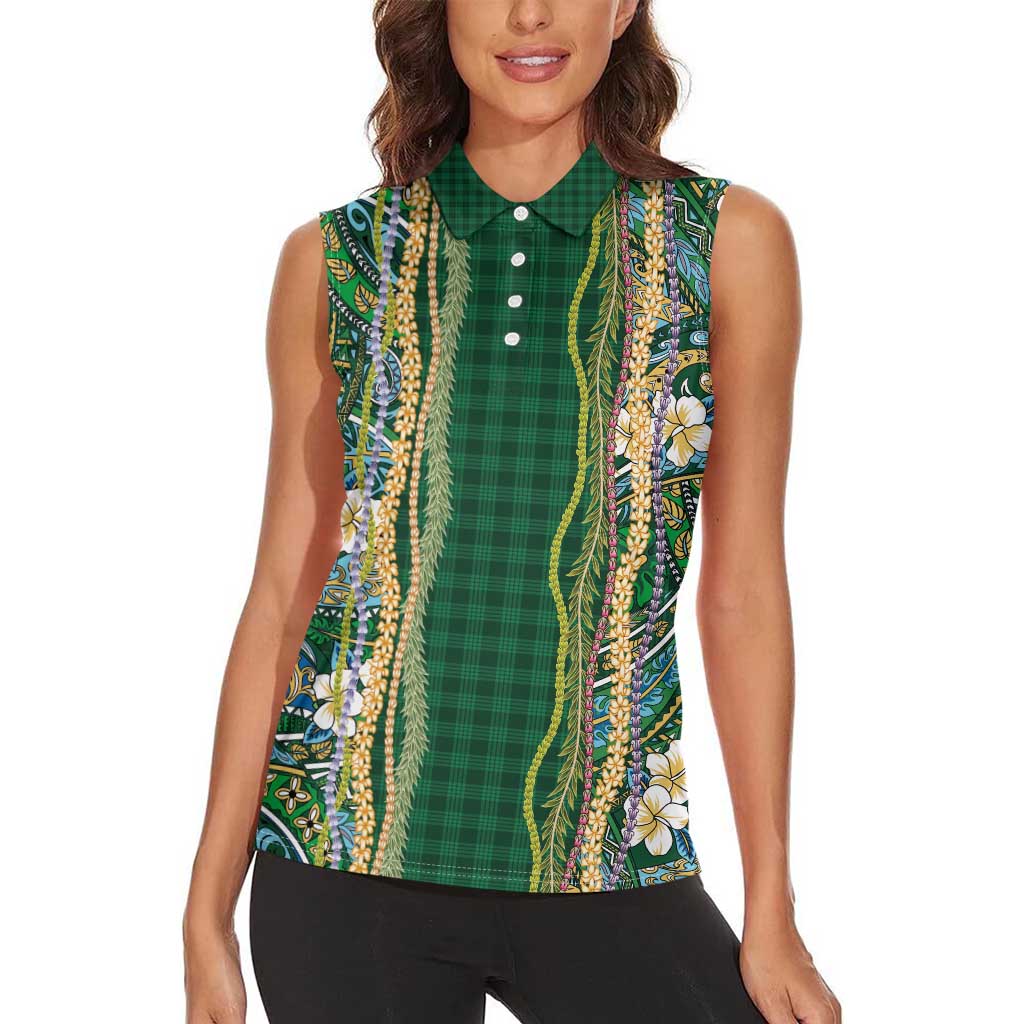 Hawaiian Art Flower Tribal with Lei Women Sleeveless Polo Shirt Palaka Pattern Green Color LT03 - Polynesian Pride
