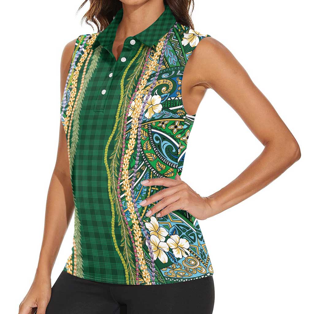 Hawaiian Art Flower Tribal with Lei Women Sleeveless Polo Shirt Palaka Pattern Green Color LT03 - Polynesian Pride