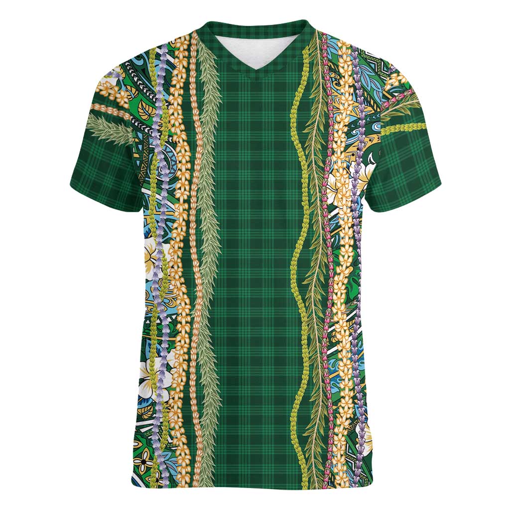 Hawaiian Art Flower Tribal with Lei Women V-Neck T-Shirt Palaka Pattern Green Color - Polynesian Pride
