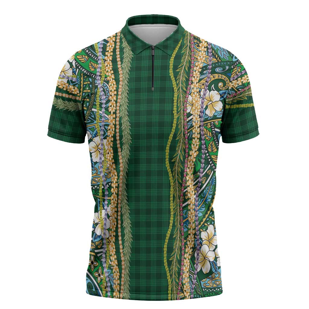 Hawaiian Art Flower Tribal with Lei Zipper Polo Shirt Palaka Pattern Green Color - Polynesian Pride