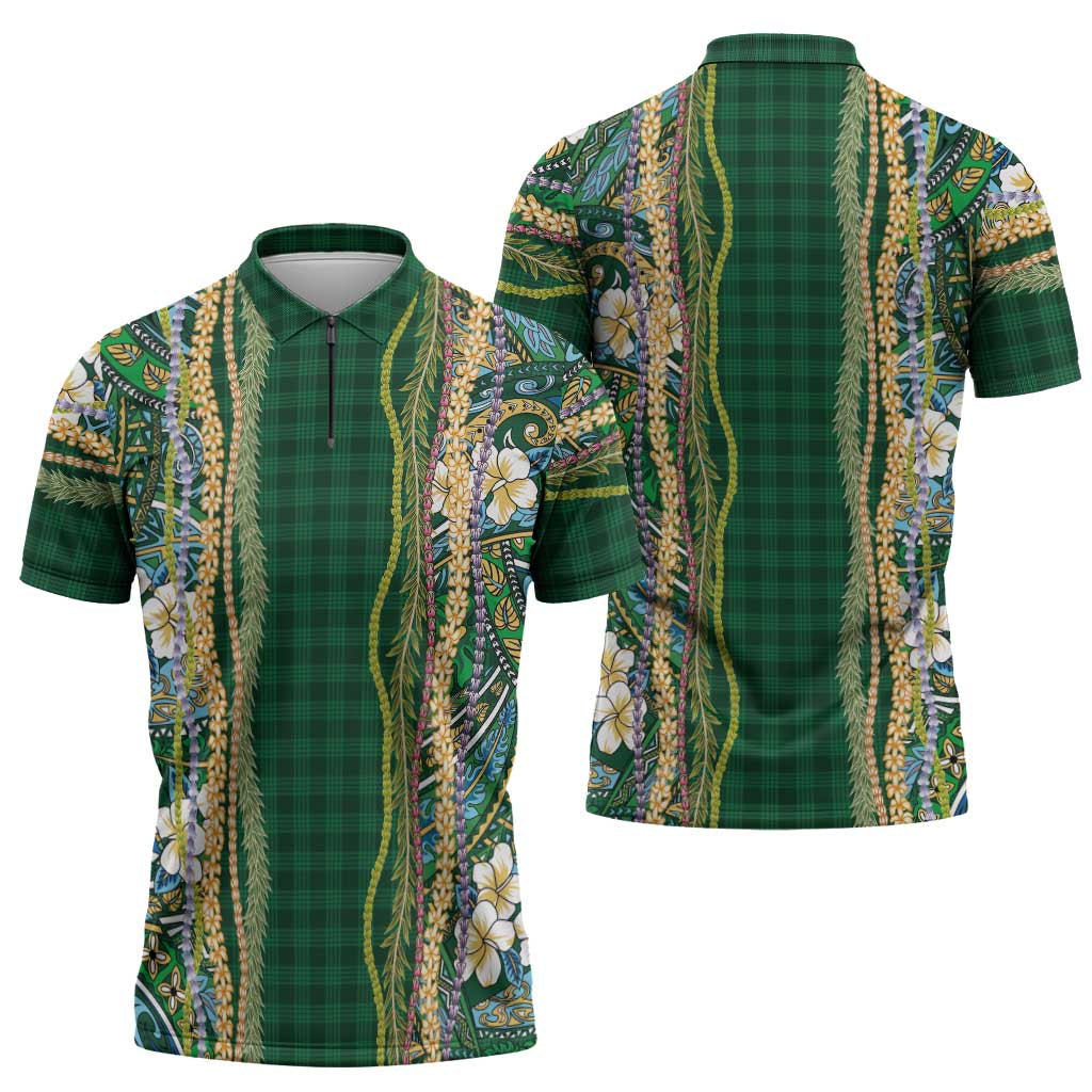 Hawaiian Art Flower Tribal with Lei Zipper Polo Shirt Palaka Pattern Green Color - Polynesian Pride