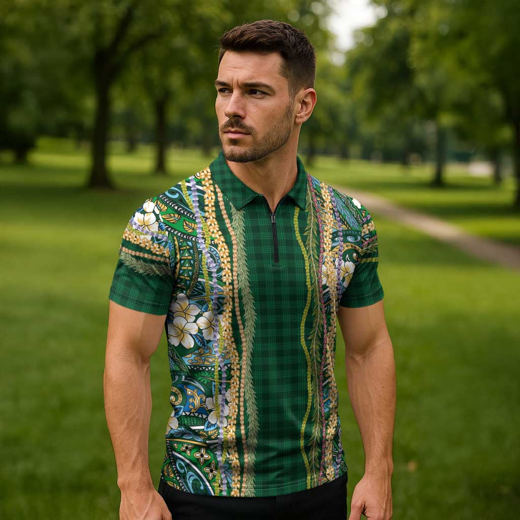 Hawaiian Art Flower Tribal with Lei Zipper Polo Shirt Palaka Pattern Green Color - Polynesian Pride