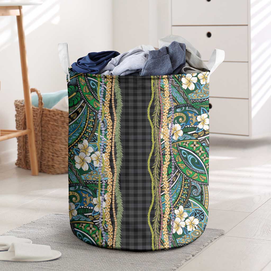 Hawaiian Art Flower Tribal with Lei Laundry Basket Palaka Pattern Black Color - Polynesian Pride