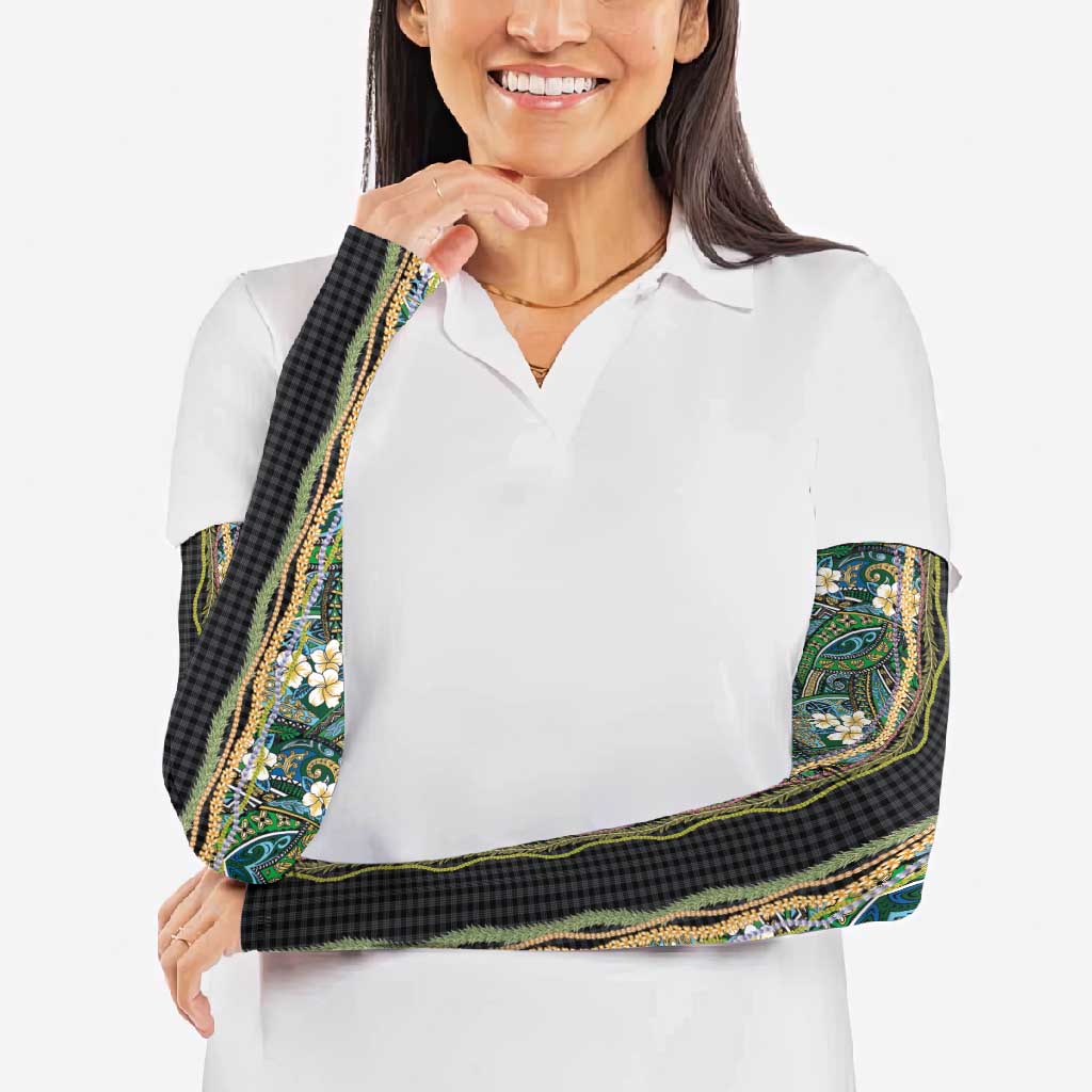 Hawaiian Art Flower Tribal with Lei Arm Sleeves Palaka Pattern Black Color - Polynesian Pride