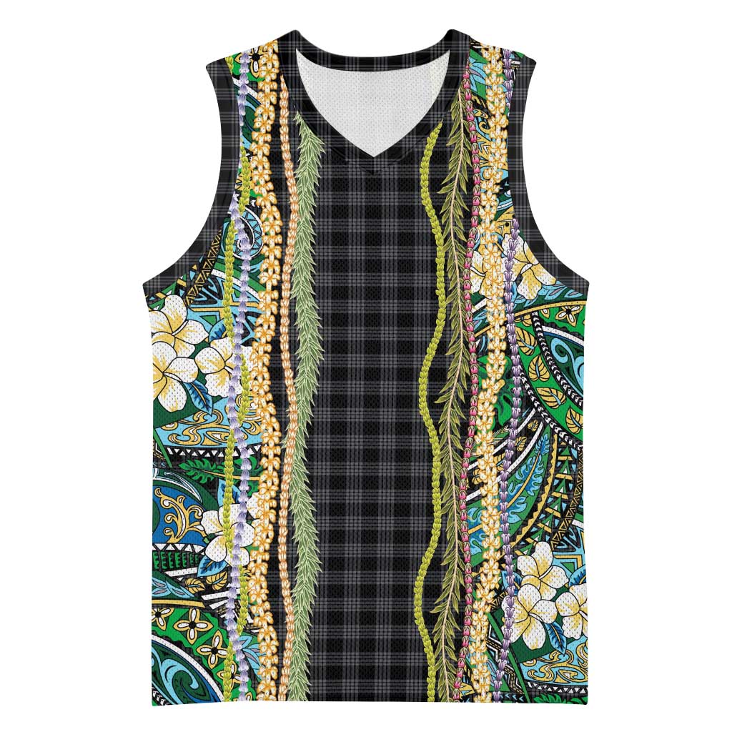 Hawaiian Art Flower Tribal with Lei Basketball Jersey Palaka Pattern Black Color LT03 Unisex Black - Polynesian Pride
