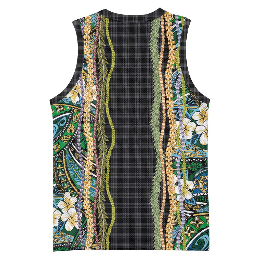 Hawaiian Art Flower Tribal with Lei Basketball Jersey Palaka Pattern Black Color LT03 - Polynesian Pride